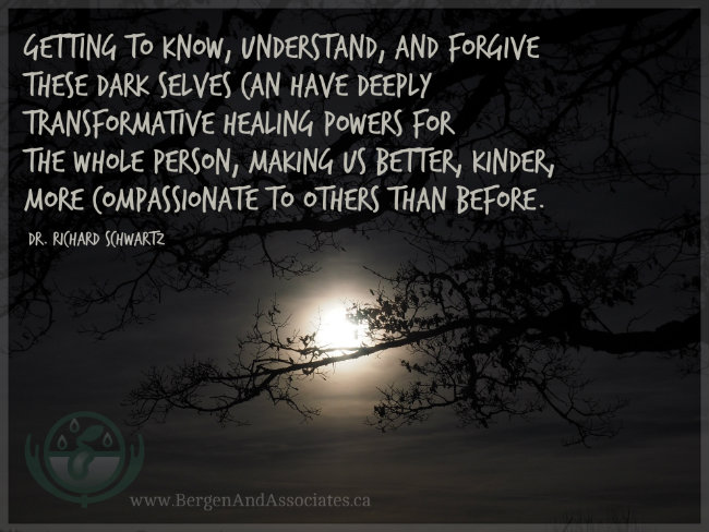 getting to know, understand, and forgive these dark selves can have deeply transformative healing powers for the whole person, making us better, kinder, more compassionate to others than before. Quote by Dr. Richard Schwartz. 